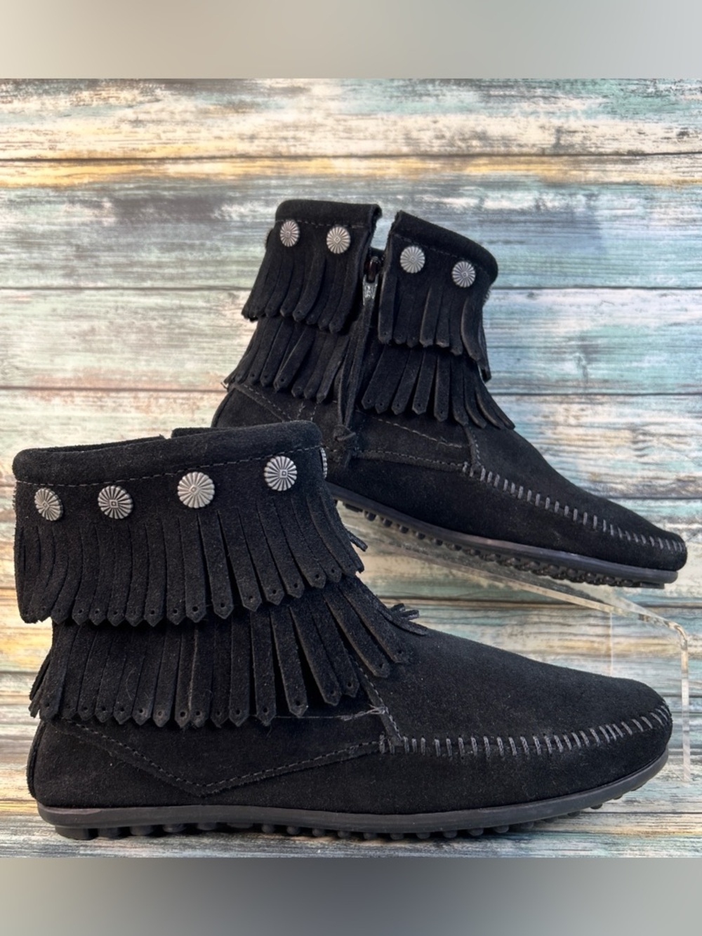 Minnetonka Double Fringe Moccasin Booties Womens 7 Black Suede Zip Southwestern